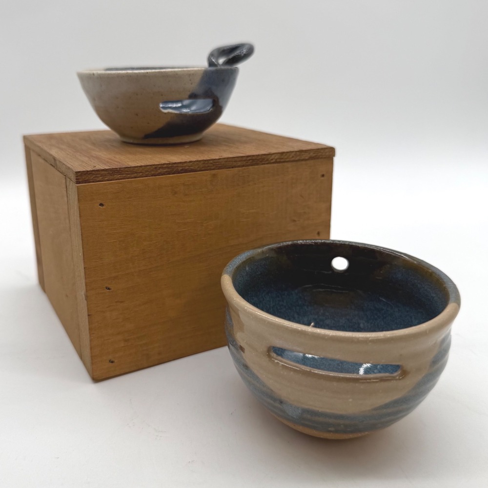 Studio Art Pottery Hand Thrown Blue Glaze Bowls Set of 2 Signed Wabi Sabi Style